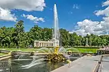 The 20-metre-high vertical jet of water from the lion's mouth of the Samson Fountain