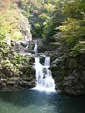 A river with two small waterfalls in a wooded mountain landscape.