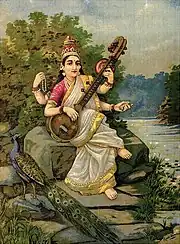 Oil painting showing Saraswati