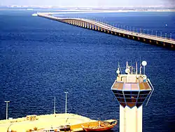 The bridge leading to mainland Saudi Arabia.