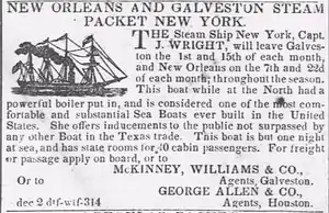 1842 advertisement for a steam packet line, with McKinney and Williams listed as agents