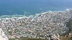 Fresnaye and Sea Point as seen from Lion's Head which surrounds the suburb on the East. Sea Point is to the North and the West separating the suburb from the Atlantic Ocean.