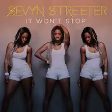 A woman standing right next to two versions of herself under a yellow-colored title saying Sevyn Streeter with the single name white-colored saying It Won't Stop