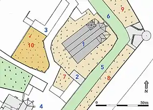 Location map: 1. Theodorskirche 2. Allerheiligenkapelle (All Saints' chapel)   3. Vicarage   4. Kartausgasse  5. Theodorsgraben  6. Claragraben  7. Special cemetery   8. Kleeacker cemetery  9. Mättelein cemetery  10. Merianscher Totenacker with Theo's grave