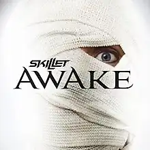 A photo of a person with head covered like a mummy, with one eye shown, with the words "Skillet - Awake".