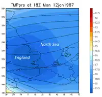 Chart showing the sea-effect snow event of January 1987 in the UK: A continuous stream of showers deposited over 2 feet (24 in) of snow over SE coastal regions.