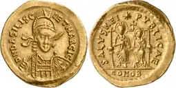 A coin bearing the image of Basiliscus on the obverse, and Basiliscus (left) with Marcus (right) on the reverse