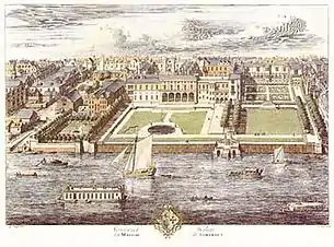 Somerset House and gardens in 1722, after the fountain had been moved