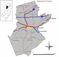 Location of Somerville in Somerset County highlighted in yellow (right). Inset map: Location of Somerset County in New Jersey highlighted in black (left).