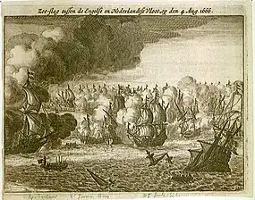 Engraving showing the St. James' Day Battle between English and Dutch ships