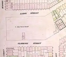 St. John's Burial Ground in 1854.  The handwritten note on the one house in the blank area between Clarkson, Leroy and Hudson Streets says "E.A. Poe 113 1/2"