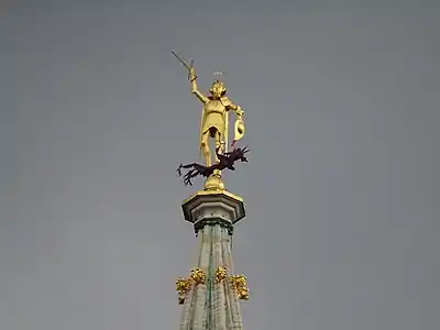 The copy of the statue placed at the top of the tower