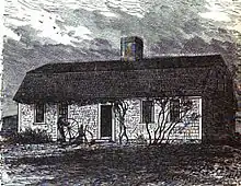 A lithograph of a small, one and a half story shingled house