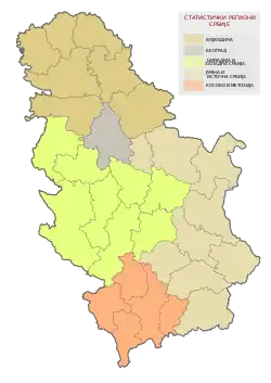 Map of municipalities and cities of Šumadija and Western Serbia