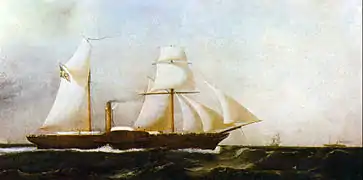 Painting depicting a two-masted, side-wheel steamer in full sail plowing through choppy seas with other ships in the distance