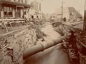 An open walled stream channel surrounded by wooden residential buildings