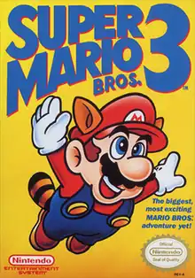 Mario is seen flying using the "Raccoon Mario" power-up over a yellow/gold background. The Game's logo appears on the top and the game's tagline appears on the bottom.