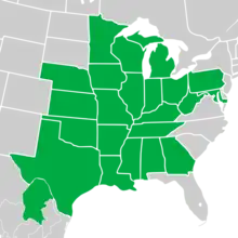 Symphyotrichum drummondii distribution map: Mexico — Coahuila; US — Alabama, Arkansas, Georgia, Illinois, Indiana, Iowa, Kansas, Kentucky, Louisiana, Maryland, Michigan, Minnesota, Mississippi, Missouri, Nebraska, Ohio, Oklahoma, Pennsylvania, Tennessee, Texas, West Virginia, and Wisconsin.