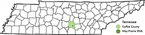 Map of the US state of Tennessee with Coffee County shaded in light green and the approximate location of May Prairie State Natural Area shaded in darker green