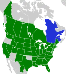 Symphyotrichum laeve distribution map: Canada — Alberta, British Columbia, Manitoba, Ontario, Saskatchewan, and Yukon (introduced in New Brunswick and Québec); Mexico — Coahuila; US — Alabama, Arkansas, California, Colorado, Connecticut, Delaware, District of Columbia, Florida, Georgia, Idaho, Illinois, Indiana, Iowa, Kansas, Kentucky, Louisiana, Maine, Maryland, Massachusetts, Michigan, Minnesota, Mississippi, Missouri, Montana, Nebraska, Nevada, New Hampshire, New Jersey, New Mexico, New York, North Carolina, North Dakota, Ohio, Pennsylvania, Rhode Island, South Carolina, South Dakota, Tennessee, Texas, Utah, Vermont, Virginia, Washington, West Virginia, Wisconsin, and Wyoming.