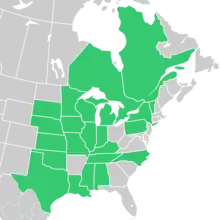 Symphyotrichum ontarionis native distribution: Canada — Ontario and Québec; US — Alabama, Illinois, Indiana, Iowa, Kansas, Kentucky, Louisiana, Michigan, Minnesota, Mississippi, Missouri, Nebraska, New York, North Carolina, Oklahoma, Pennsylvania, South Dakota, Tennessee, Texas, Vermont, and Wisconsin.