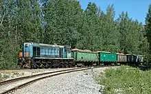 A colour photograph of a train with open cars carrying oil shale near Ahtme, dated to June 2007. The locomotive is on the left.