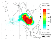 Image 7TOMS sulfur dioxide from the June 15, 1991 eruption of Mount Pinatubo. (from Timeline of volcanism on Earth)