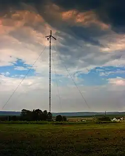 A wind turbine on Tuscarora State Park in Rush Township in June 2010