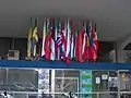 The theatre which was badly damaged during the bombing—now displaying flags of Europe for the "Joy of Europe" dancing contest