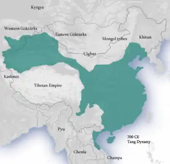 Tang Dynasty circa 700 CE. The 7th and first half of the 8th century, Tang control stretched from north Vietnam in the south, to a north of Kashmir bordering Persia in the west, to northern Korea in the north-east.