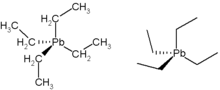 Two chemical diagrams of tetra-ethyl lead, or (CH3CH2)4Pb. On the left one, carbon and hydrogen are labeled, on the right they are shown as lines only.