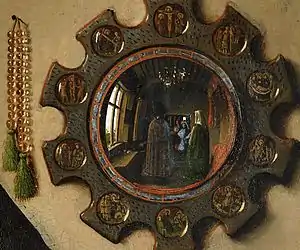 Detail of convex mirror in Jan van Eyck's Arnolfini Portrait, 1434