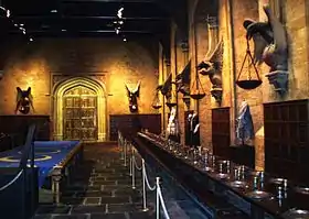 The Great Hall, with a section of the Dueling Club stage set up (left), as seen in Harry Potter and the Chamber of Secrets