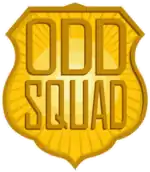 A yellow badge shape with a starburst coming from its center, emblazoned with the words "Odd Squad"