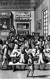 In a windowed room, with a large fire blazing in the background, two long tables accommodate groups of men engaged in apparent discussion.  Other men sit reading and smoking pipes, backs to the viewer.  In the foreground, a small serving boy pours coffee from a container into a cup.  In the distance, next to the fireplace, a woman serves from a hatch.