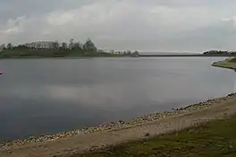 A lake with tree on the far bank