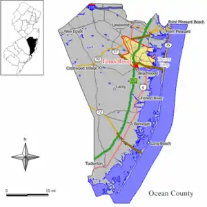 Map of Toms River CDP in Ocean County. Inset: Location of Ocean County in New Jersey.