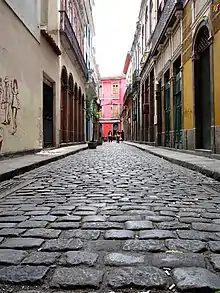 Travessa do Comércio in Rio de Janeiro, Brazil. Portuguese-born Brazilian singer and actress Carmen Miranda lived at number 13 during her youth.