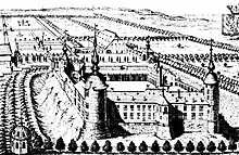 Depiction of the castle in Brabantia Illustrata (1705) looking northwards