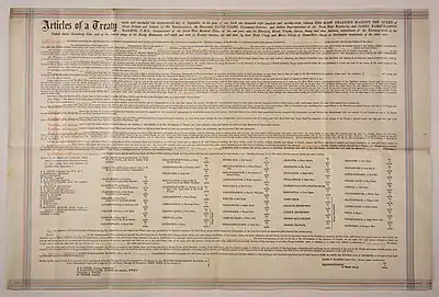 A large piece of parchment paper with detailed, small text of the treaty.