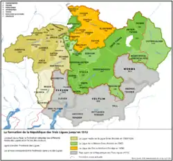 The League of the Ten Jurisdictions is shown in orange within the Three Leagues.  The Grey League is shown in shades of brown, the League of God's House in green and subject territories, subsequently lost, in grey.