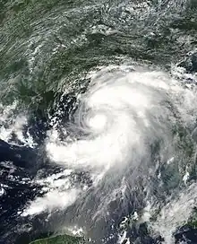 Tropical Storm Barry viewed from Space on August 5, 2001. The storm is approaching the Florida Panhandle. At the bottom of the image is the Yucatan Peninsula, while Cuba is seen on the right. The image is focused on the Gulf of Mexico.