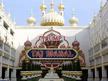 The entrance of the Trump Taj Mahal, a casino in Atlantic City. It has motifs evocative of the Taj Mahal in India.