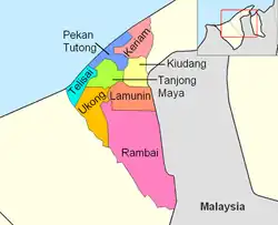 Pekan Tutong is in dark blue.