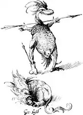 At the top, a humanoid creature with the head and lower torso of a duck stands, holding a spear with its humanoid hands attached to a scaly tortoise-like upper body. At the bottom, a creature, with a parrot-like head and a lion's torso, lies on the ground, bellowing.