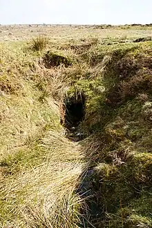 Looking up a notch cut in a grassy slope leading up to a small dark entrance