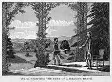 An illustration:Tyler stands on his porch in Virginia, approached by a man with an envelope. Caption reads "Tyler receiving the news of Harrison's death."