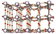 Ball and stick model of layered crystal structure containing two types of atoms.