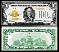 $100 Gold Certificate, Series 1928, Fr.2405, depicting Benjamin Franklin