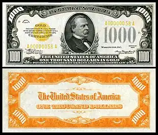 $1,000 Gold Certificate, Series 1934, Fr.2409, depicting Grover Cleveland